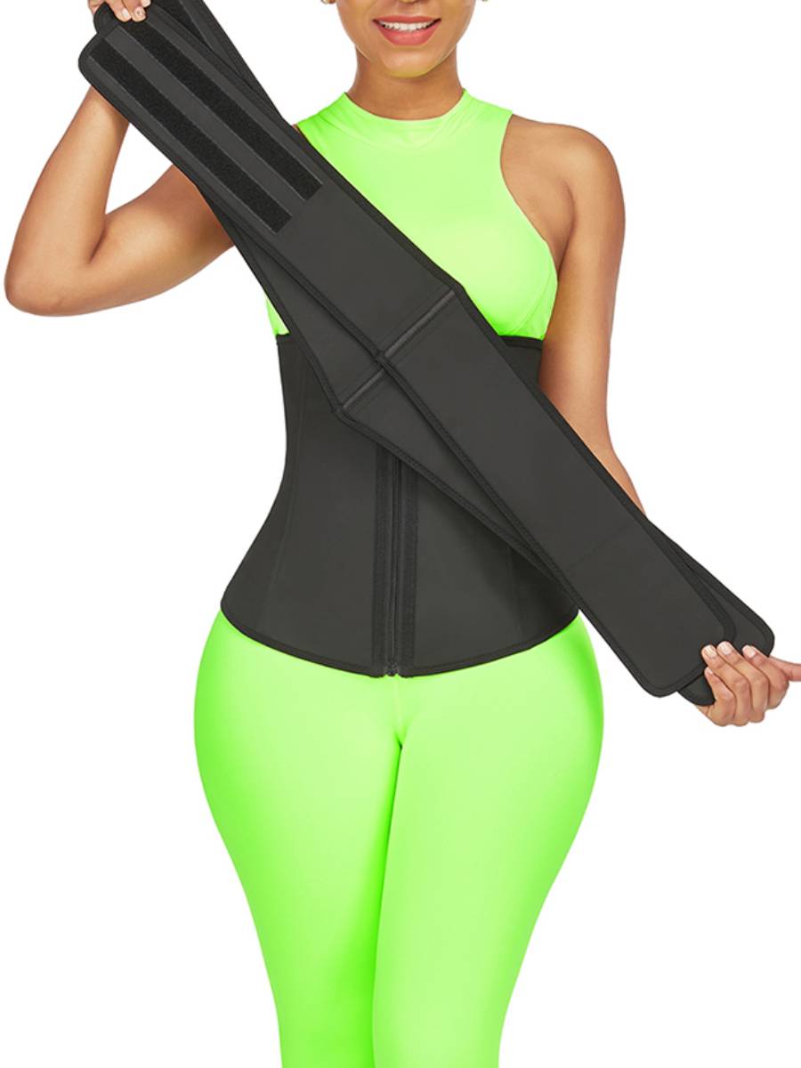 Kinetic Black Steel-Bone Waist Cincher with Dual Belts