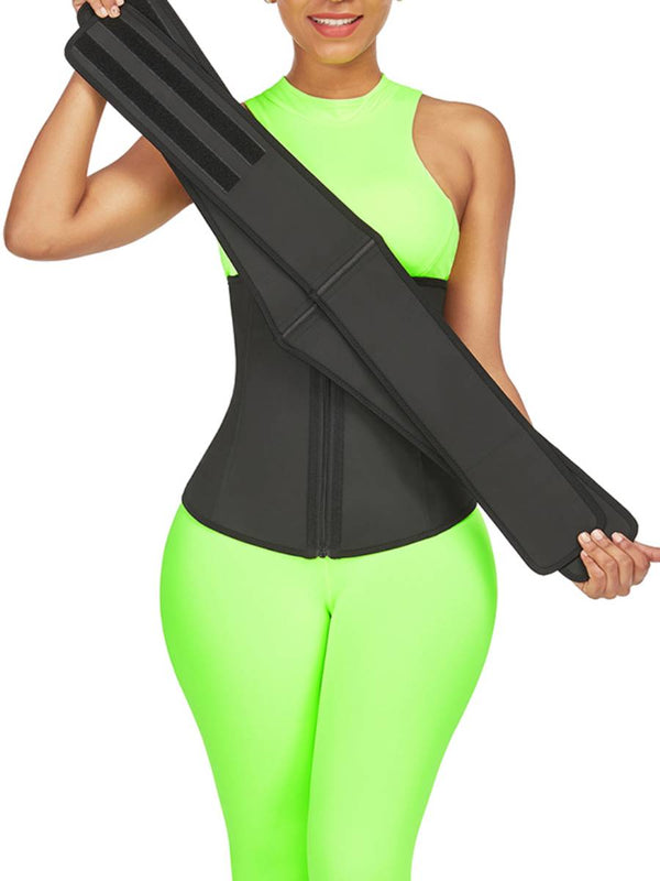 Kinetic Black Steel-Bone Waist Cincher with Dual Belts