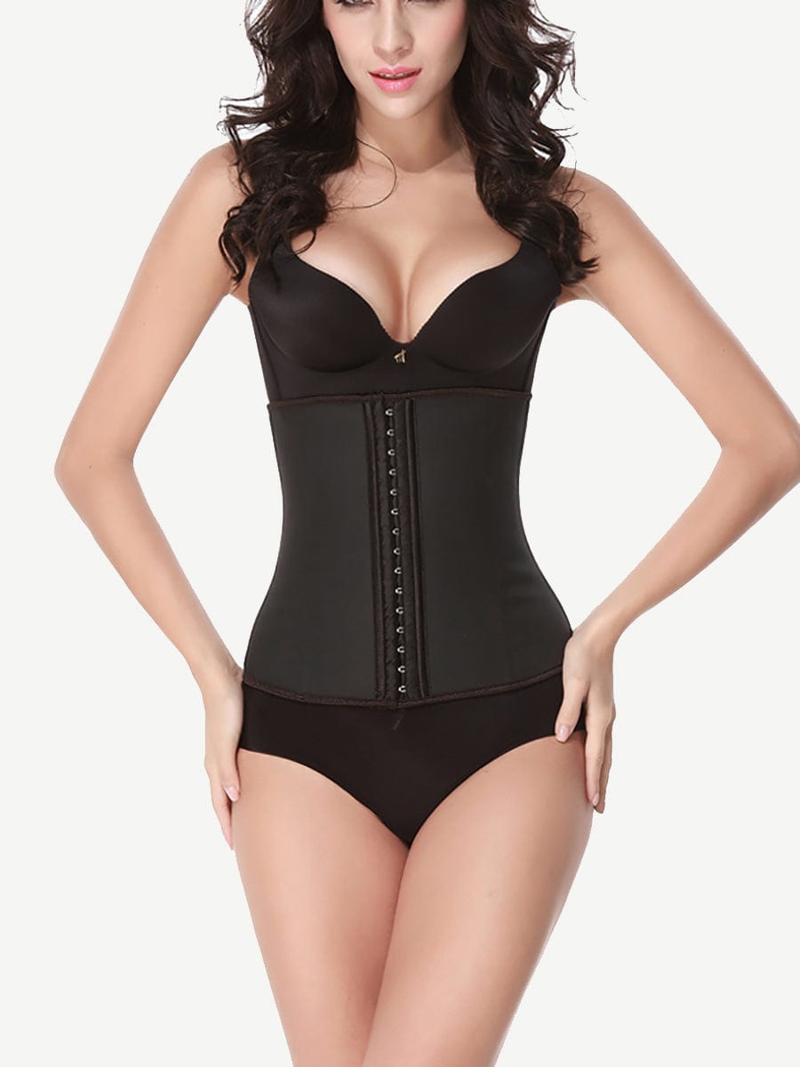 Sculpting 9-Steel Boned Black Latex Waist Cincher with Hook-And-Eye Closures