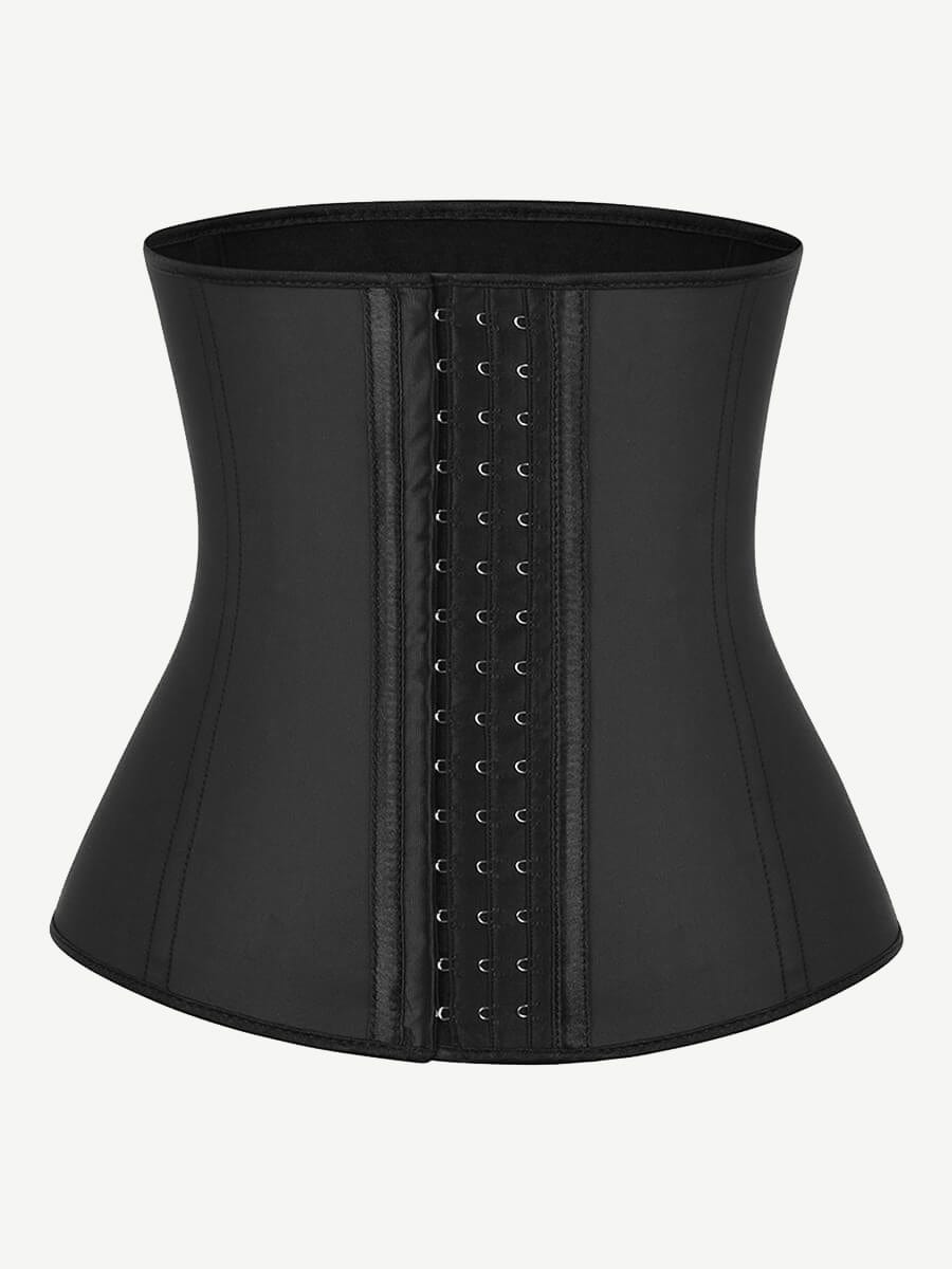 Sculpting 9-Steel Boned Black Latex Waist Cincher with Hook-And-Eye Closures