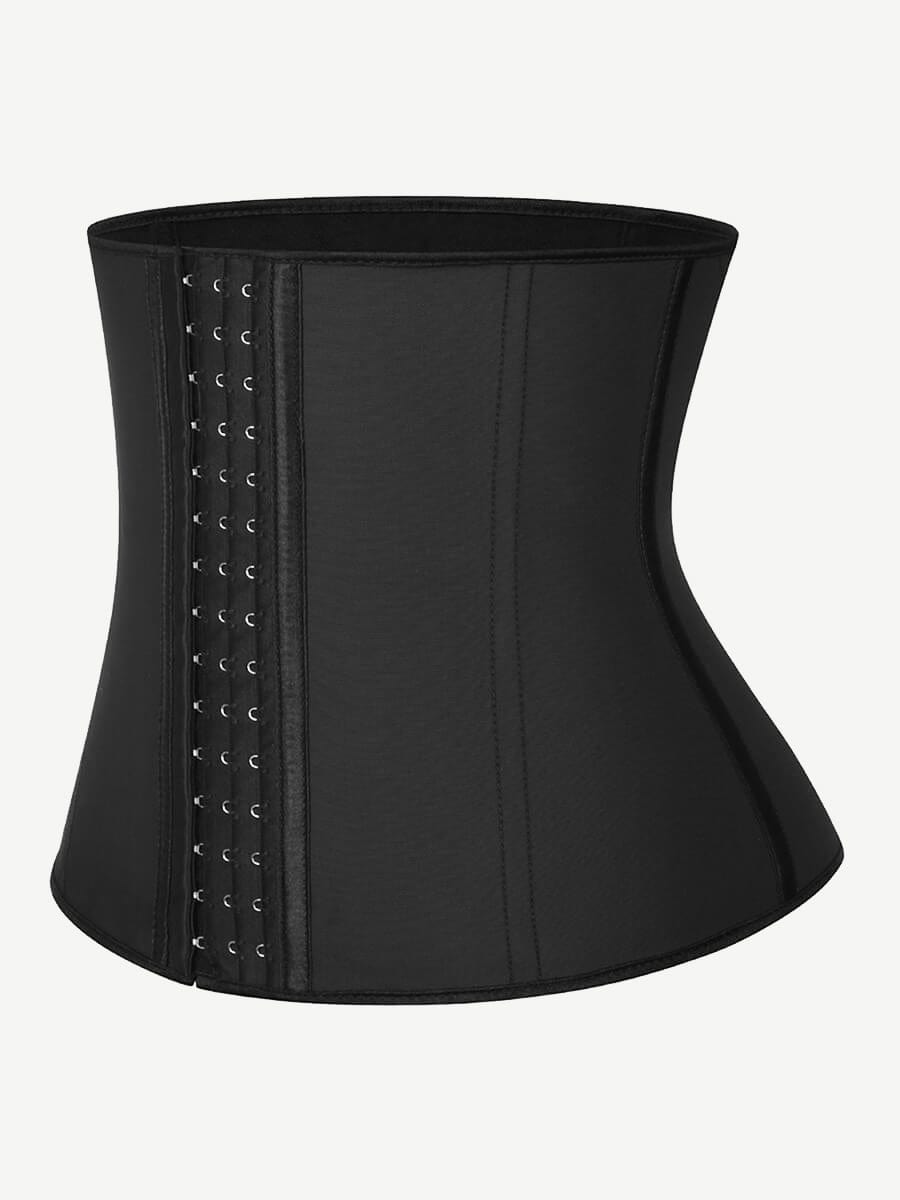 Sculpting 9-Steel Boned Black Latex Waist Cincher with Hook-And-Eye Closures