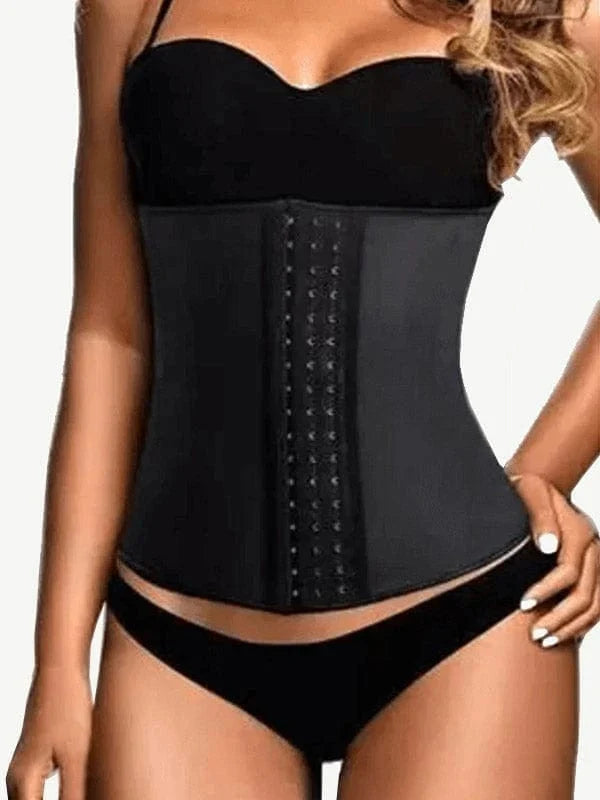Sculpting 9-Steel Boned Black Latex Waist Cincher with Hook-And-Eye Closures