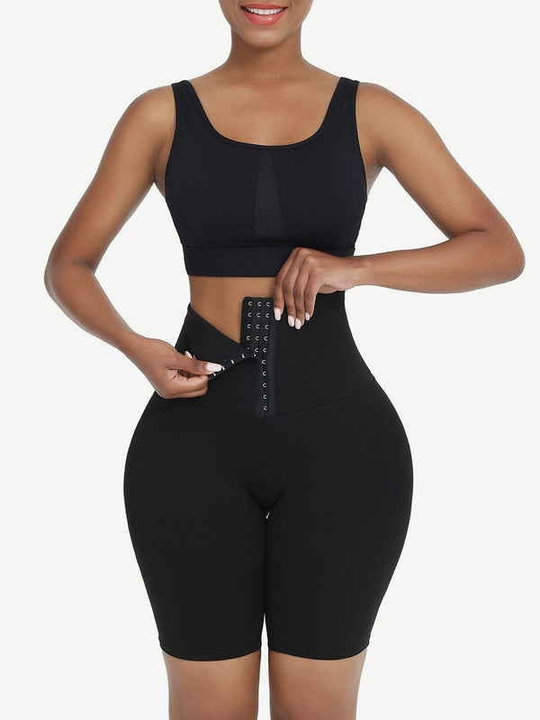 Sleek Black Mid-Waist 2-In-1 Waist Trainer Shorts